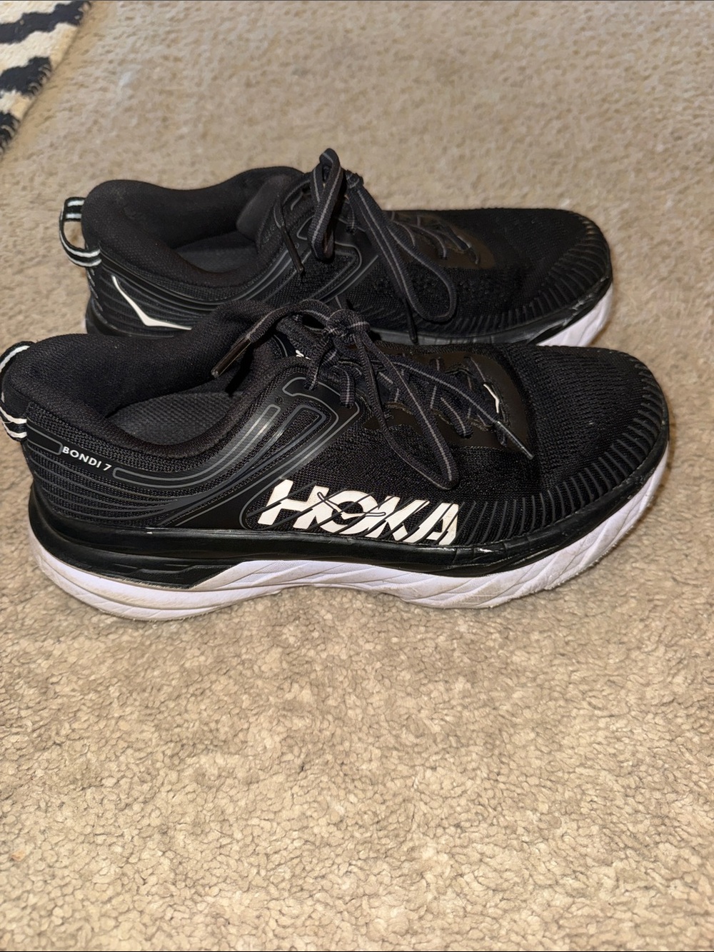 Hoka Black and White Bondi 7 Women’s Running Sneakers